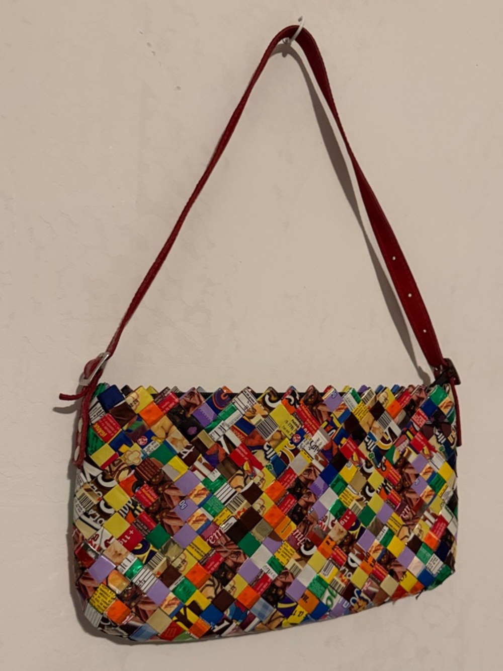Super unique Handwoven Multicolor Shoulder Bag with Red Strap!